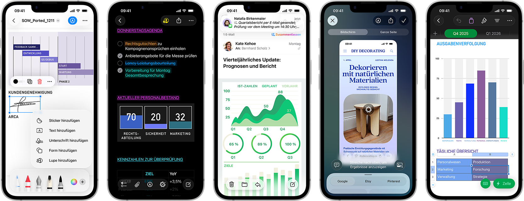 Mehrere iPhone 17e Ger&auml;te im Hochformat nebeneinander, die die Performance mit verschiedenen Diagrammen, Tabellen und Produktivit&auml;tsapps f&uuml;r Unternehmen wie Vorschau, Notizen, Mail, Visuelle Intelligenz und Numbers zeigen