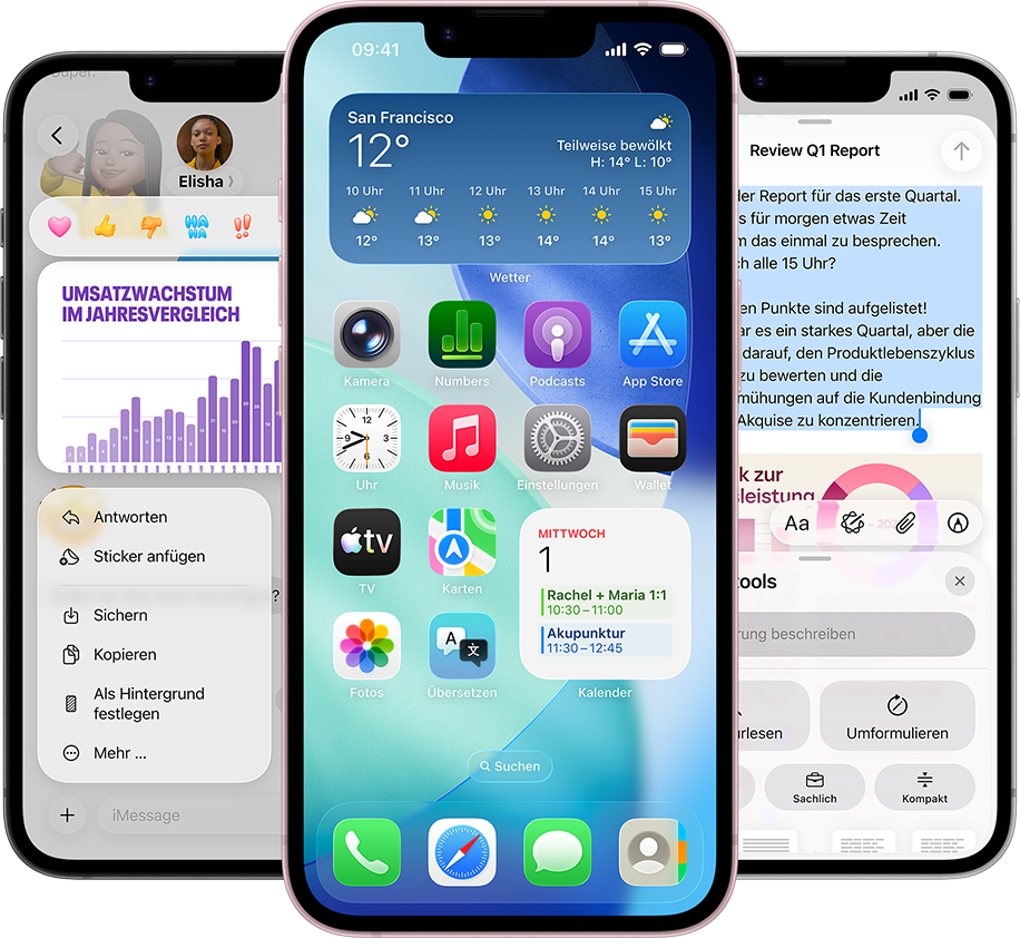 Mehrere iPhone 17e Geräte nebeneinander zeigen ein Foto eines Diagramms in der Nachrichten App, den Homescreen mit dem Wetter Widget und Apps sowie die Notizen App mit verwendeten Apple Intelligence Schreibtools