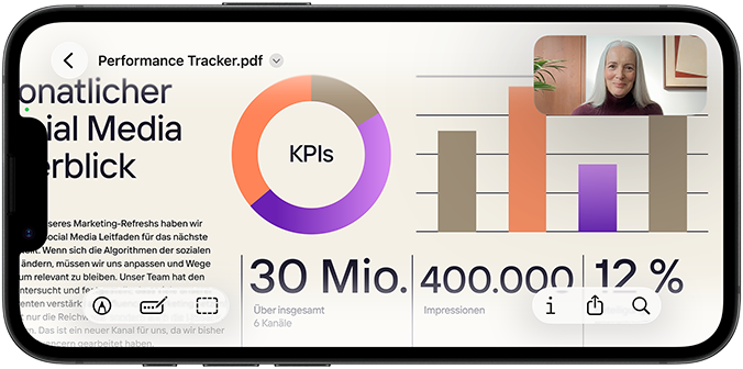 Ein iPhone 17e im Querformat zeigt einen FaceTime Anruf, um eine Präsentation in Vorschau anzusehen