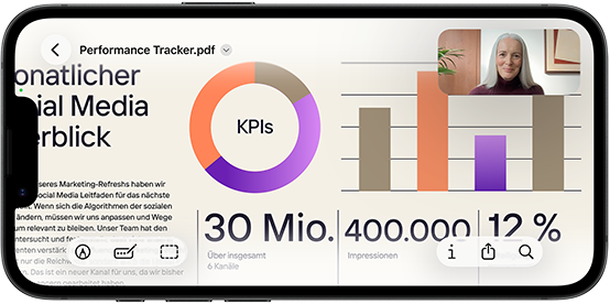 Ein iPhone 17e im Querformat zeigt einen FaceTime Anruf, um eine Präsentation in Vorschau anzusehen