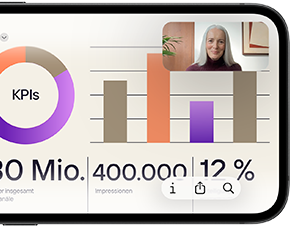 Ein iPhone 17e im Querformat zeigt einen FaceTime Anruf, um eine Präsentation in Vorschau anzusehen