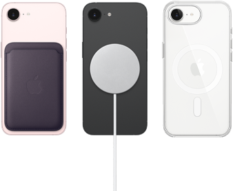 iPhone 17e in Farbe Hellrosa mit Feingewebe Wallet in Farbe Mitternachtviolett, iPhone 17e in Farbe Schwarz mit MagSafe Ladeger&auml;t, iPhone 17e in Farbe Wei&szlig; mit Clear Case mit MagSafe