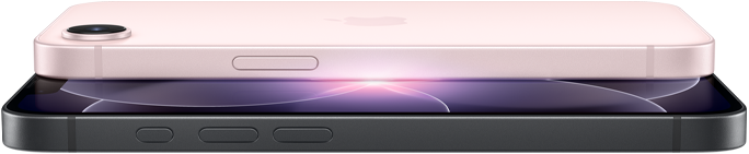 iPhone 17e, horizontale Seiten- und Rückansicht, Hellrosa, iPhone 17e, horizontale Seiten- und Vorderansicht, Schwarz