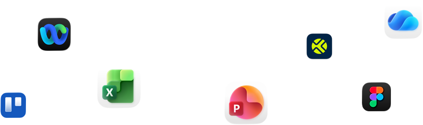 Verschiedene App Symbole in verstreuter Anordnung, darunter Webex, Microsoft Excel, Figma und andere