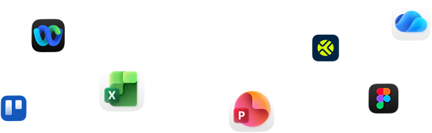 Verschiedene App Symbole in verstreuter Anordnung, darunter Webex, Microsoft Excel, Figma und andere