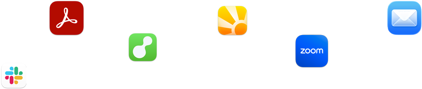 Verschiedene App Symbole in verstreuter Anordnung, darunter Slack, Zoom, Mail und andere
