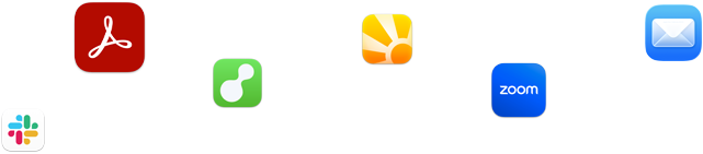 Verschiedene App Symbole in verstreuter Anordnung, darunter Slack, Zoom, Mail und andere