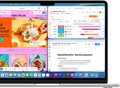 Ein MacBook Air, das Display zeigt Figma, Zoho und Quip, die in drei separaten Fenstern geöffnet sind, um Multitasking zu demonstrieren