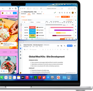 Ein MacBook Air, das Display zeigt Figma, Zoho und Quip, die in drei separaten Fenstern geöffnet sind, um Multitasking zu demonstrieren