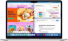 Ein MacBook Air, das Display zeigt Figma, Zoho und Quip, die in drei separaten Fenstern geöffnet sind, um Multitasking zu demonstrieren