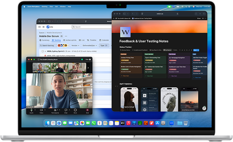 Ein MacBook Air, das Display zeigt Notion, Jira und Zoom, die in drei separaten Fenstern geöffnet sind, um zu zeigen, dass macOS das flüssige Ausführen mehrerer Apps ermöglicht