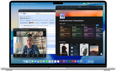 Ein MacBook Air, das Display zeigt Notion, Jira und Zoom, die in drei separaten Fenstern geöffnet sind, um zu zeigen, dass macOS das flüssige Ausführen mehrerer Apps ermöglicht