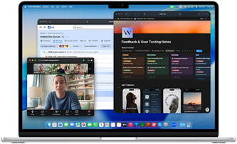Ein MacBook Air, das Display zeigt Notion, Jira und Zoom, die in drei separaten Fenstern geöffnet sind, um zu zeigen, dass macOS das flüssige Ausführen mehrerer Apps ermöglicht