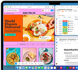 Ein MacBook Air, das Display zeigt Figma, Zoho und Quip, die in drei separaten Fenstern geöffnet sind, um Multitasking zu demonstrieren