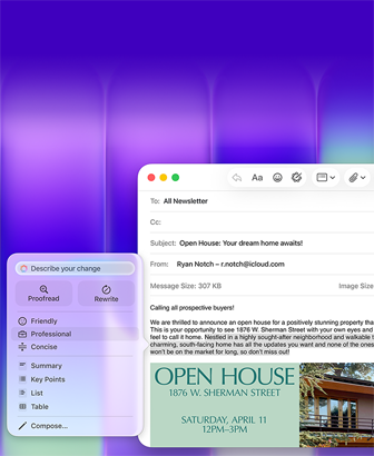 MacBook Neo Display, Apple Intelligence Schreibtools werden in Mail verwendet, um einen E-Mail Entwurf mit einer Einladung zu einem Tag der offenen Tür zu verfassen