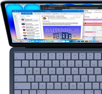 MacBook Neo, Farbe Indigo, eine Person nutzt es für Multitasking, checkt E-Mails mit Outlook und verfolgt einen Projektplan mit Asana