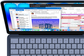 MacBook Neo, Farbe Indigo, eine Person nutzt es für Multitasking, checkt E-Mails mit Outlook und verfolgt einen Projektplan mit Asana