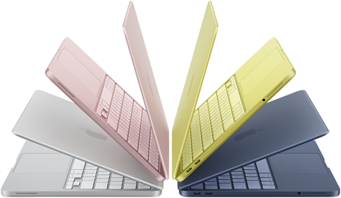 MacBook Neo Laptops in den Farben Silber, Rosa, Zitrus und Indigo, halb geöffnet und in einem Halbkreis angeordnet