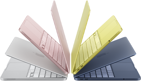 MacBook Neo Laptops in den Farben Silber, Rosa, Zitrus und Indigo, halb geöffnet und in einem Halbkreis angeordnet
