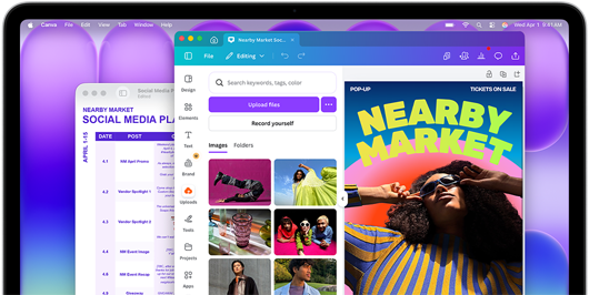 Das MacBook Neo Display zeigt einen farbigen Social Media Plan in Vorschau und einen bunten Flyer für einen lokalen Markt, der in Canva gestaltet wird – beide sehen auf dem brillanten Display beeindruckend aus