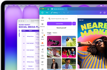 Das MacBook Neo Display zeigt einen farbigen Social Media Plan in Vorschau und einen bunten Flyer für einen lokalen Markt, der in Canva gestaltet wird – beide sehen auf dem brillanten Display beeindruckend aus