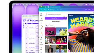 Das MacBook Neo Display zeigt einen farbigen Social Media Plan in Vorschau und einen bunten Flyer für einen lokalen Markt, der in Canva gestaltet wird – beide sehen auf dem brillanten Display beeindruckend aus